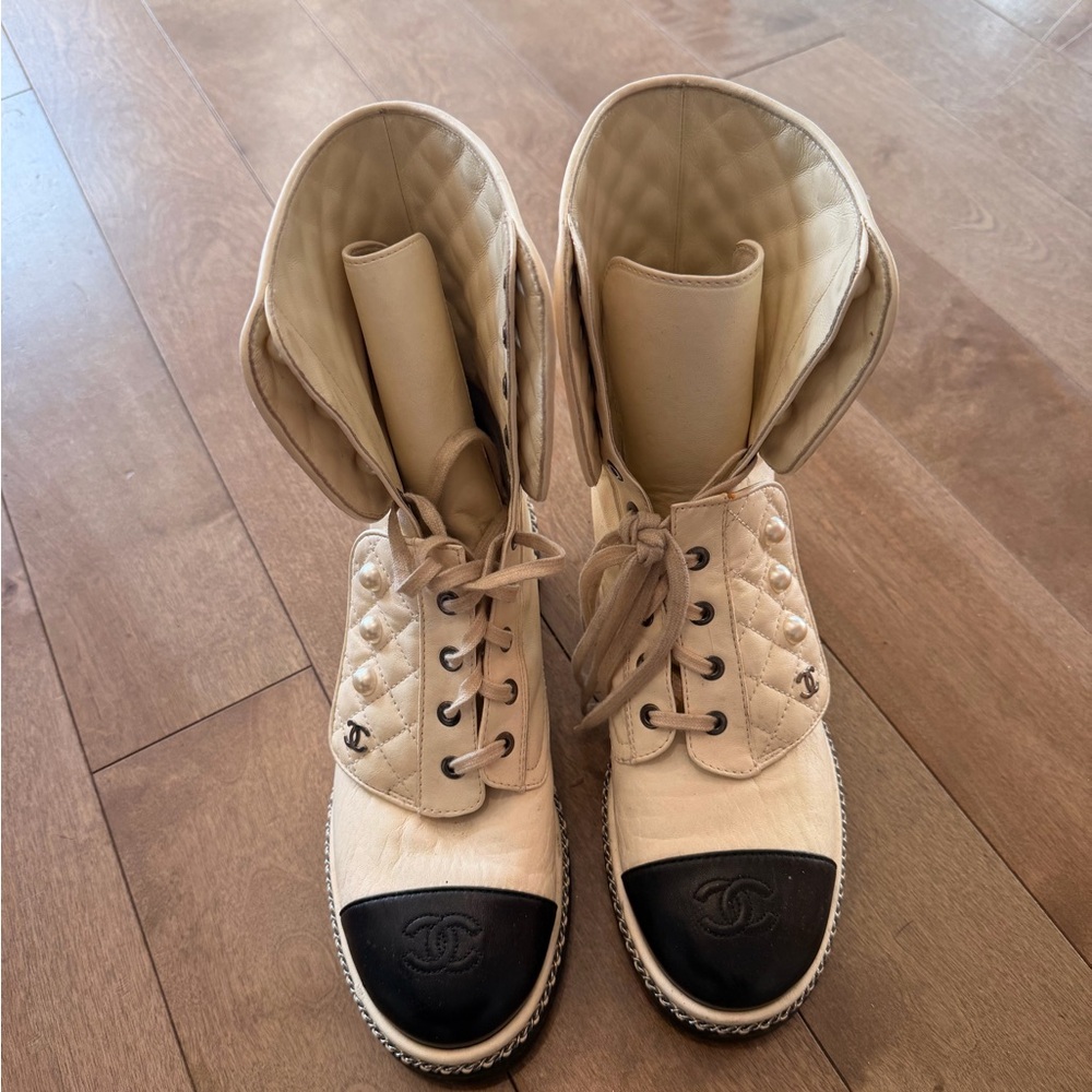 CHANEL Women's Lace-Up Cream and Black Boots